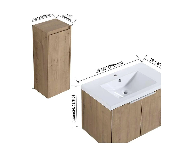 Casainc 30 Inch Wall-Mounted Vanity with Sink and Side Cabinet, Soft-Close Door Combo