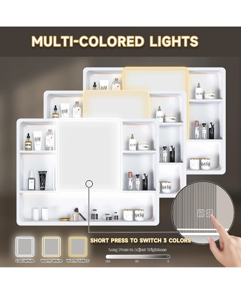 Casainc 35×28 Inch Aluminum Mirror Cabinet with Defogging and 3-Color Led Light - White