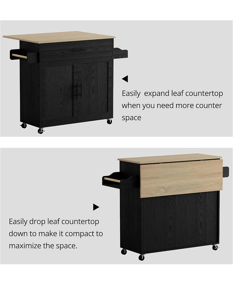 Ironck Rolling Kitchen Island with Drop Leaf, Storage Cabinet, Drawer, Black