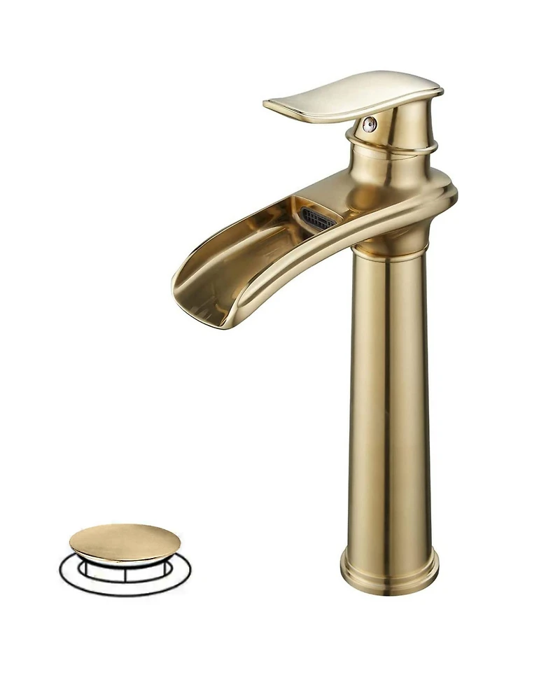 Waterfall Single Hole Handle Bathroom Vessel Sink Faucet With Pop-up Drain Assembly Matte Black & Gold