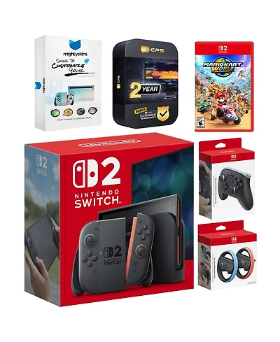 Nintendo Switch 2 Console with Mario Kart World, Pro Controller, Joy Con Wheel, MightySkins Code and 2 Cps Year Extended Warranty