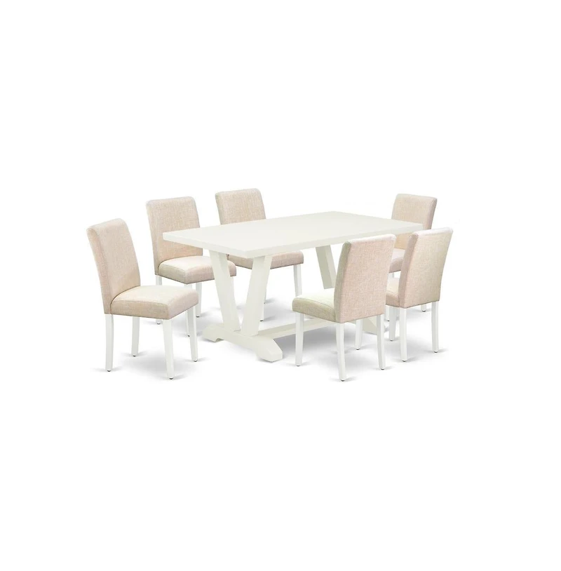 East West Furniture 7-Pc Dining Room Table Set - 6 Parson Chairs and 1 Modern Rectangular Linen White Wooden Dining Table with High Chair Back