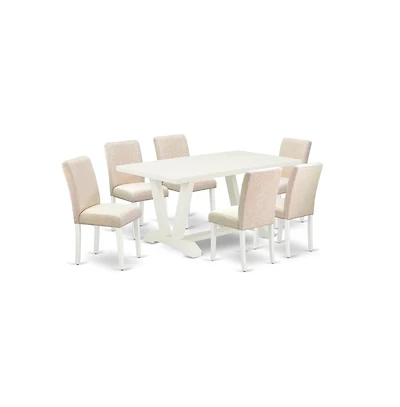 East West Furniture 7-Pc Dining Room Table Set - 6 Parson Chairs and 1 Modern Rectangular Linen White Wooden Dining Table with High Chair Back