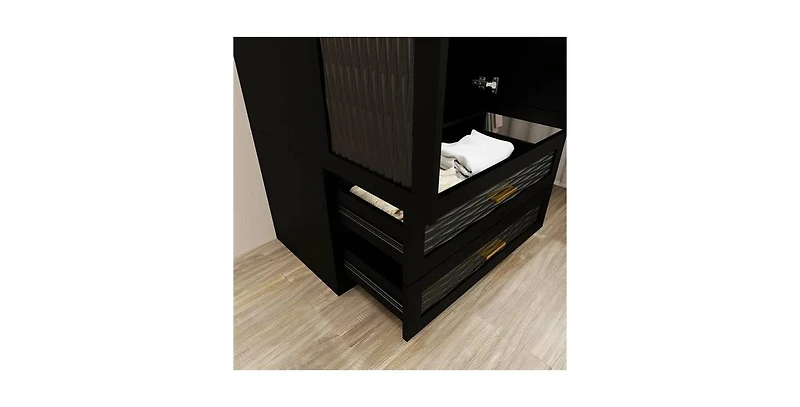 Freestanding Wardrobe Cabinet with Mirror, Clothes Rod, and Storage Drawer Space