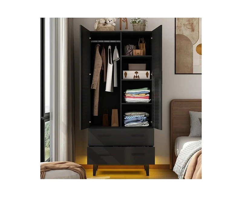 Slickblue Mid-Century Wardrobe Armoire with Louvered Doors, Drawers, and Hanging Rod