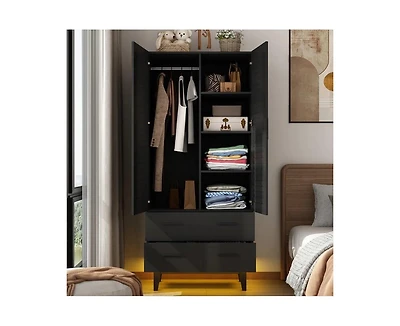 Slickblue Mid-Century Wardrobe Armoire with Louvered Doors, Drawers, and Hanging Rod