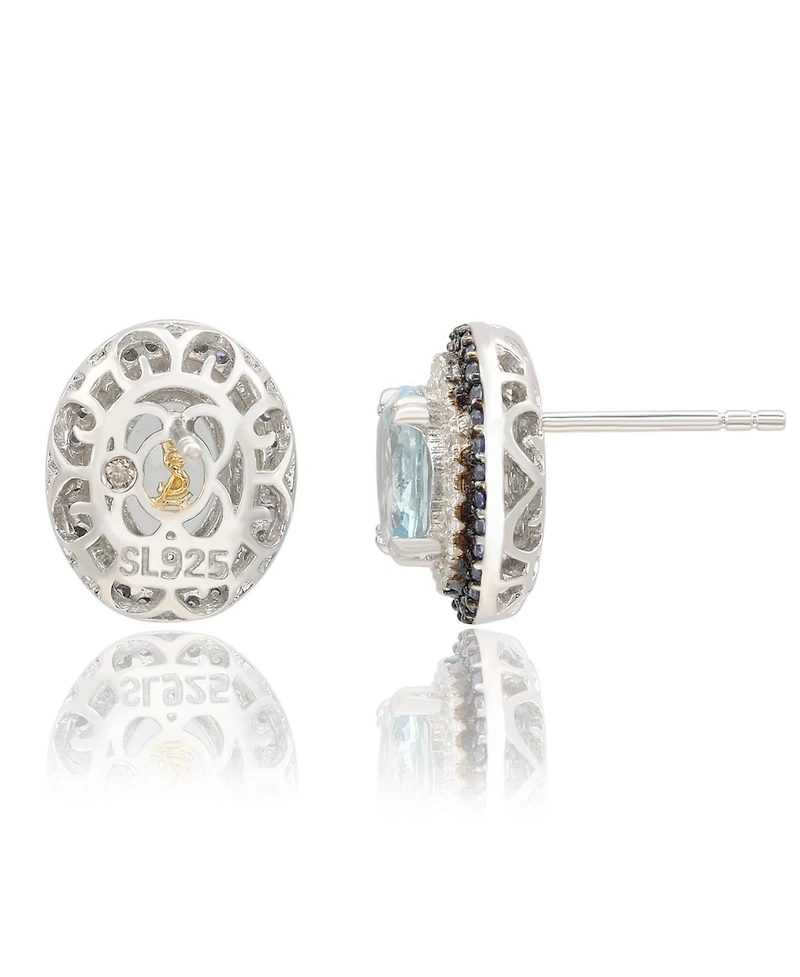 Suzy Levian Sterling Silver Oval Cut Topaz And Sapphire Double Halo Stud Earrings
