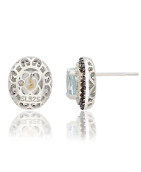 Suzy Levian Sterling Silver Oval Cut Topaz And Sapphire Double Halo Stud Earrings