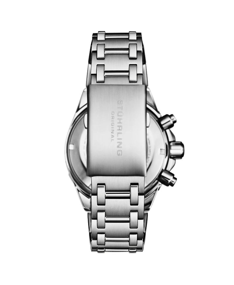Stuhrling 1022 Men s Chronograph Watch Quartz Movement Black Dial Silver Subdials Black Bezel Stainless Steel Case and Bracelet 50M Water Resistant