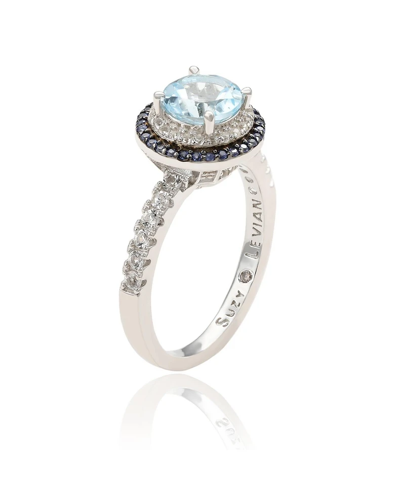 Suzy Levian Sterling Silver Round Cut Topaz and Sapphire Double Halo Ring