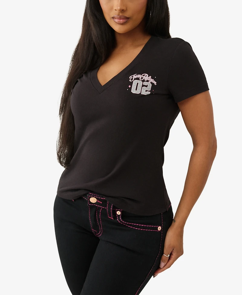 True Religion Women's Sporty Crystal V Neck T-Shirt