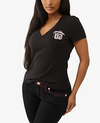 True Religion Women's Sporty Crystal V Neck T-Shirt