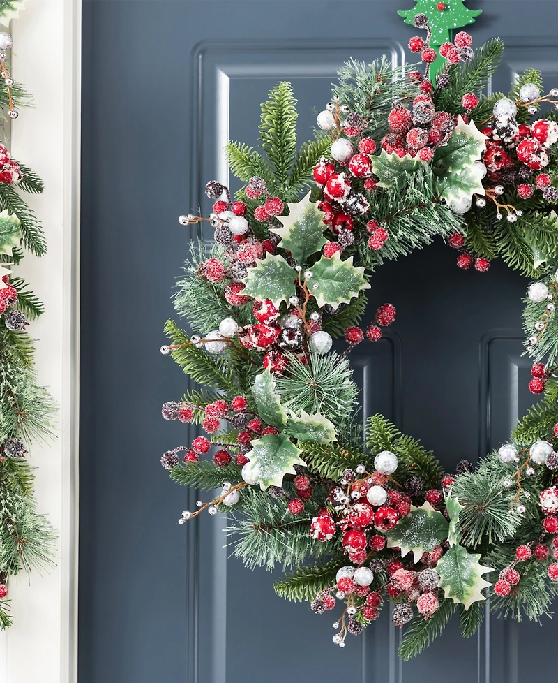 Glitzhome 24" Christmas Pomegranate Berry and Holy Leaf Wreath