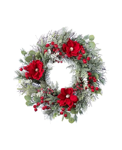 Glitzhome 24" Christmas Mangnolia Berry Wreath