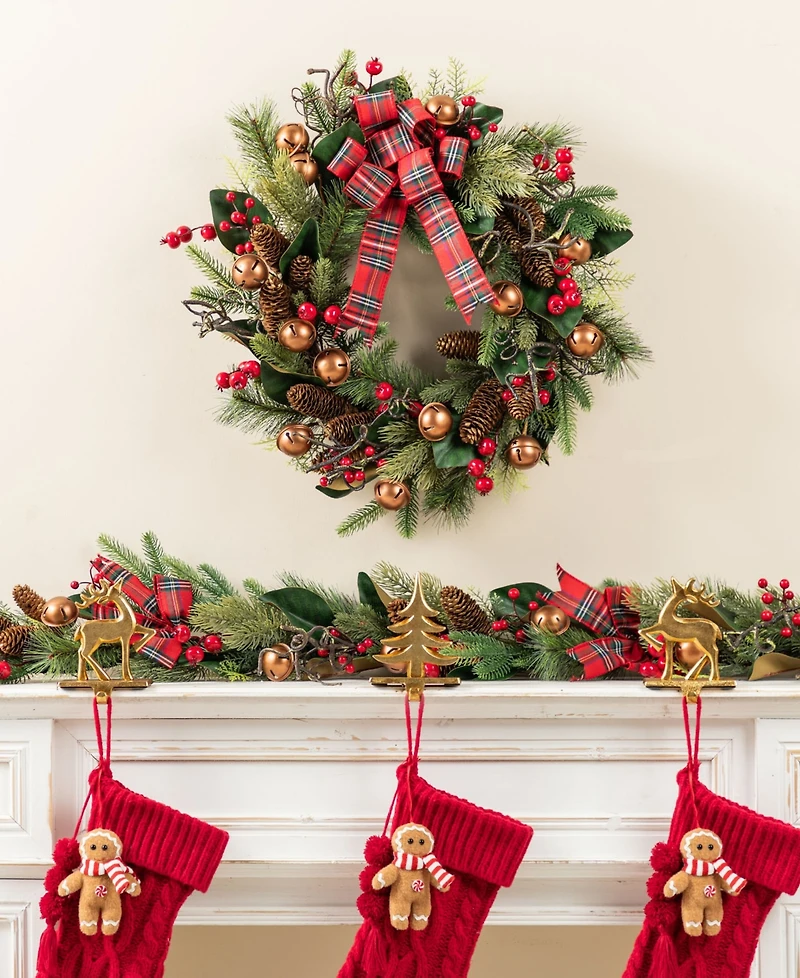 Glitzhome 24" Christmas Bell, Pinecone and Berry Bow Wreath
