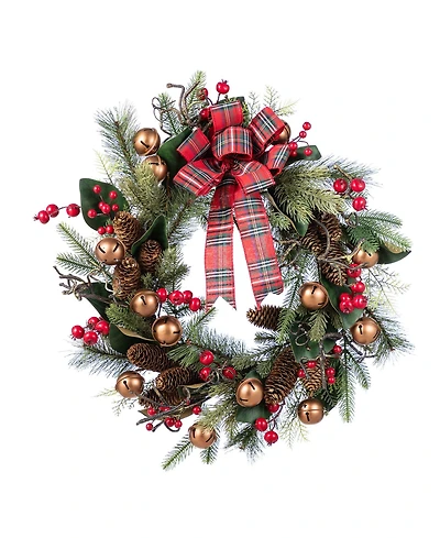 Glitzhome 24" Christmas Bell, Pinecone and Berry Bow Wreath