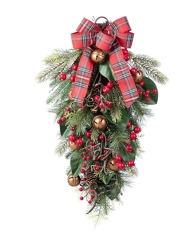 Glitzhome 28" Christmas Bell, Pinecone and Berry Bow Teardrop