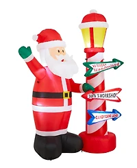 Glitzhome 7" Lighted Inflatable Santa with Lamp Post Sign Decor