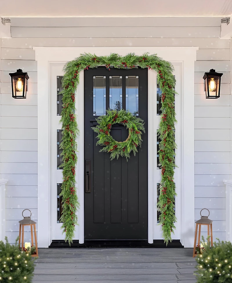 Glitzhome Christmas Greenery Dripping Cedar Garlands with Berries, Set of 2
