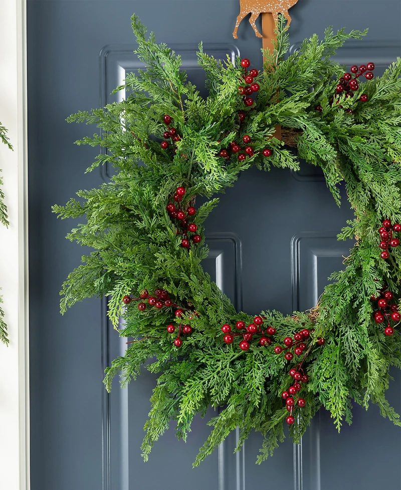 Glitzhome Christmas Greenery Dripping Cedar Wreath and Matched Garlands, Set of 3