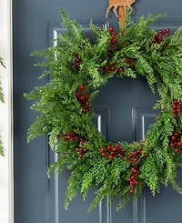 Glitzhome Christmas Greenery Dripping Cedar Wreath and Matched Garlands, Set of 3