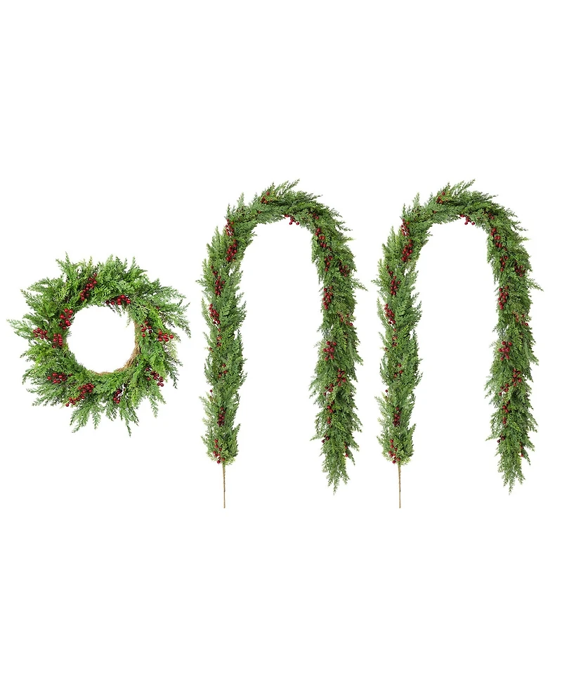 Glitzhome Christmas Greenery Dripping Cedar Wreath and Matched Garlands, Set of 3