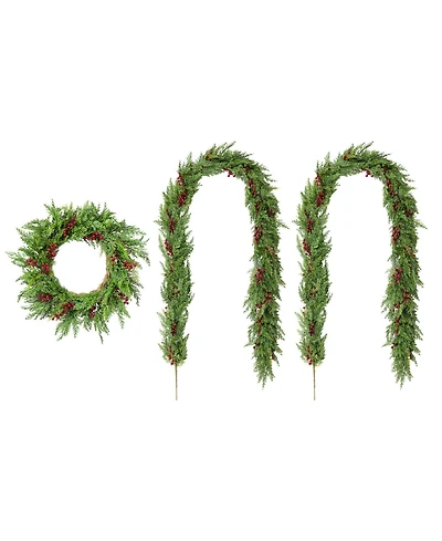 Glitzhome Christmas Greenery Dripping Cedar Wreath and Matched Garlands, Set of 3