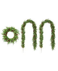 Glitzhome Christmas Greenery Dripping Cedar Wreath and Matched Garlands, Set of 3