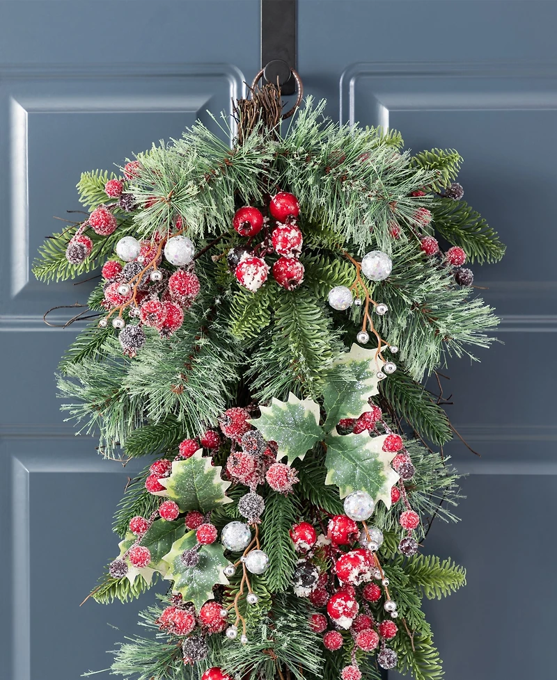 Glitzhome Christmas Pomegranate Berry and Holy Leaf Teardrops, Set of 2