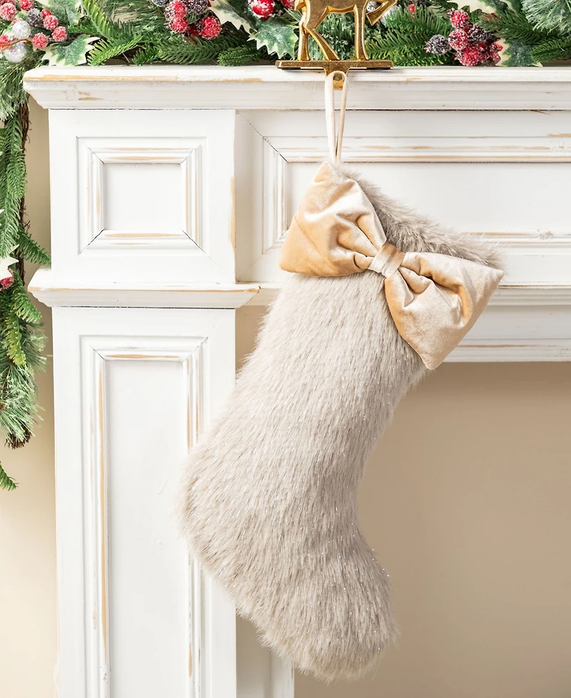 Glitzhome Faux Fox Fur Christmas Stockings with Bow, Set of 2