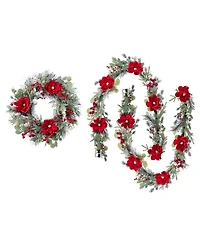 Glitzhome Christmas Mangnolia Berry Wreath and Matched Garlands, Set of 3