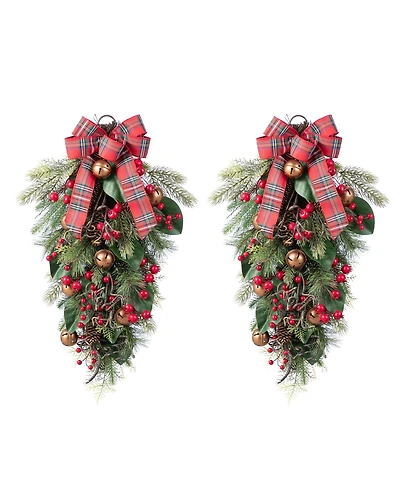 Glitzhome Christmas Bell, Pinecone and Berry Bow Teardrops, Set of 2