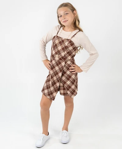 Rare Editions Big Girls 2-Piece Plaid Top, Jumper with Shorts, and Necklace Set