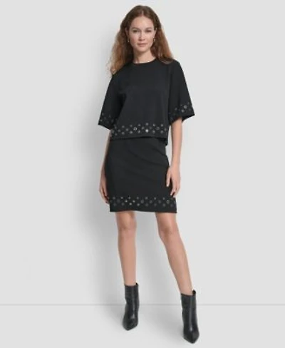 Dkny Womens Short Sleeve Ponte Knit Top Mini Skirt With Grommets