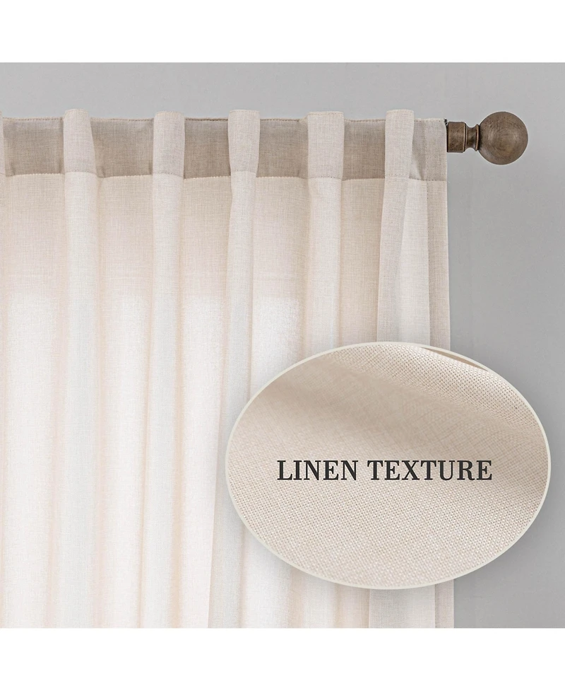 Faux Linen Texture Light Filtering Back Tab Curtains, Semi Sheer Farmhouse Window Curtains (2 Panels), 52"x96"