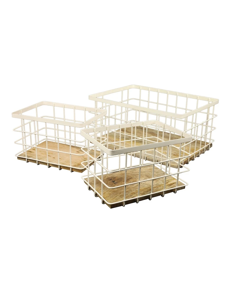 Happimess Evvie Vintage Farmhouse Handmade Wire Metal Nesting Storage Baskets with Wood Base, (Set of 3)