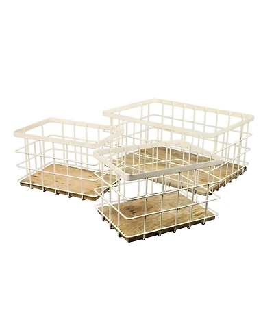 Happimess Evvie Vintage Farmhouse Handmade Wire Metal Nesting Storage Baskets with Wood Base, (Set of 3)