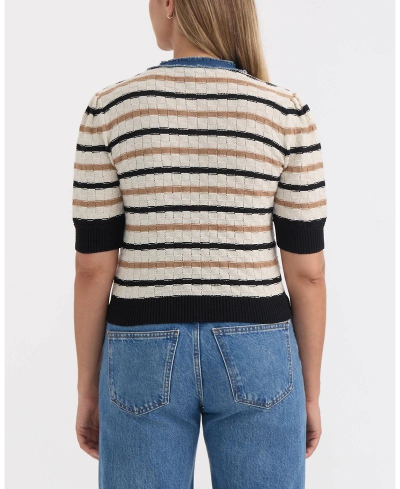 Ellen Tracy Women's Short Sleeve Cardigan With Denim Trim