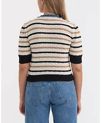 Ellen Tracy Women's Short Sleeve Cardigan With Denim Trim