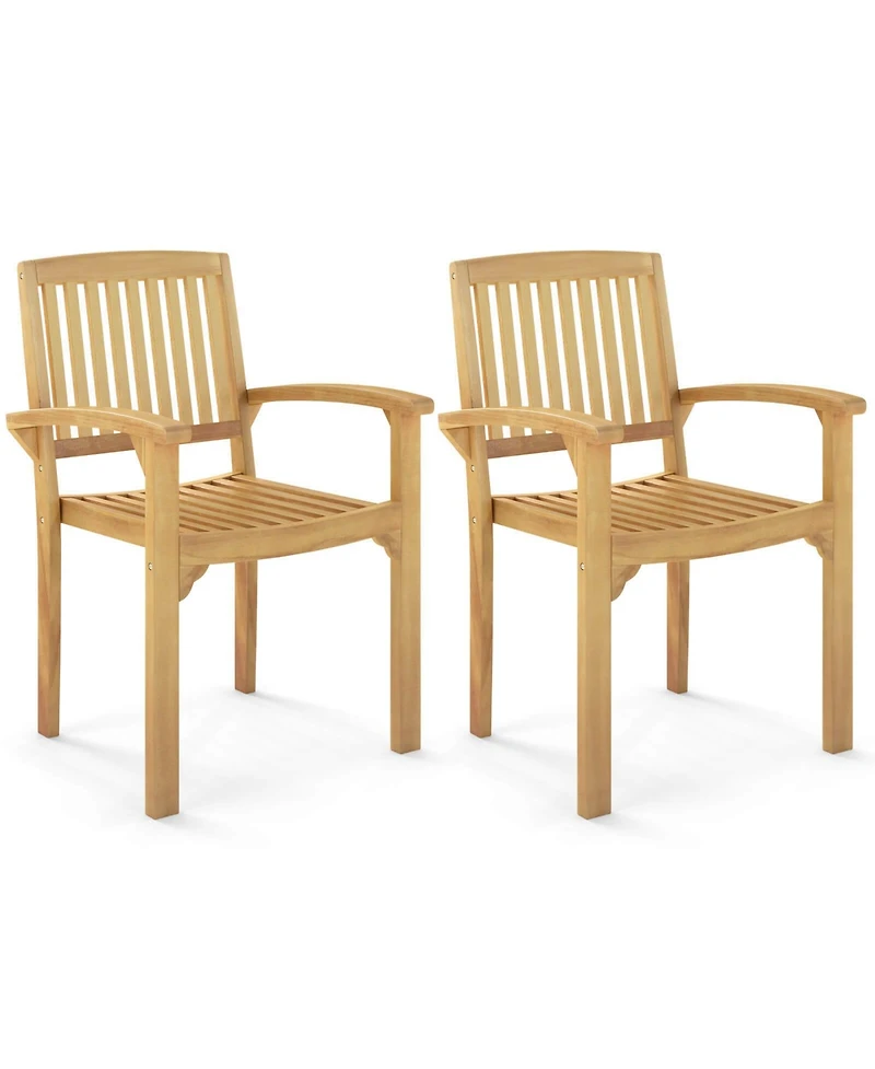 Costway Outdoor Patio Chair Teak Wood Armchair with Slatted Seat & Curved Seat