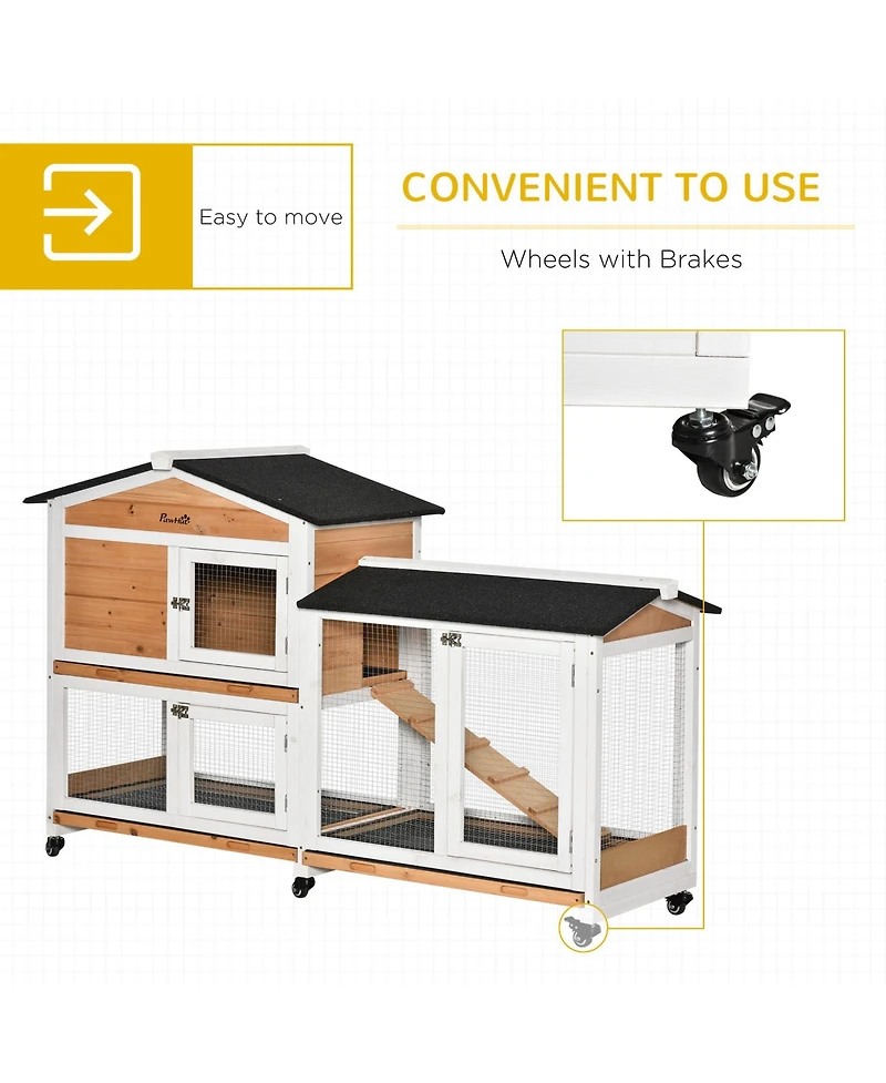 PawHut 62" Wooden Rabbit Hutch with Wheels, Run Box, No Leak Tray, and Ramp