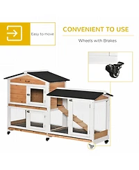 PawHut 62" Wooden Rabbit Hutch with Wheels, Run Box, No Leak Tray, and Ramp