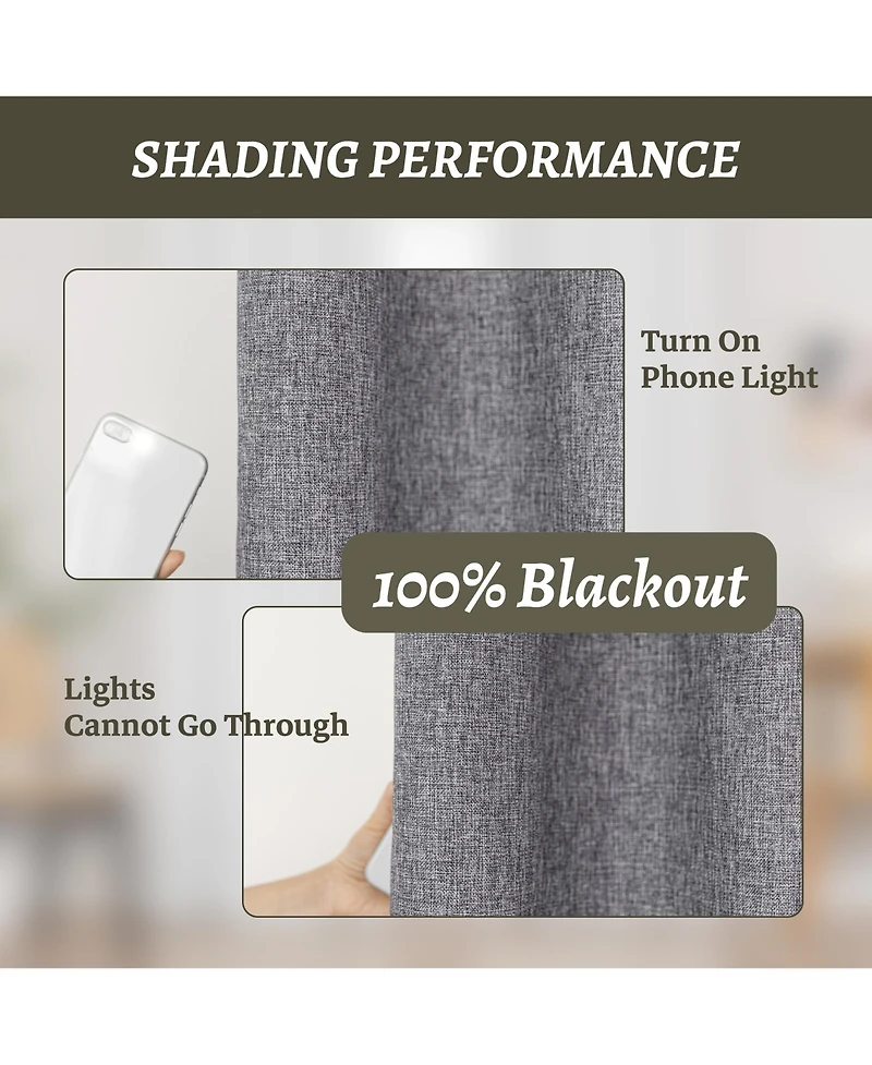 100% Blackout Linen Texture Curtains with Grommet Top, 2 Panels