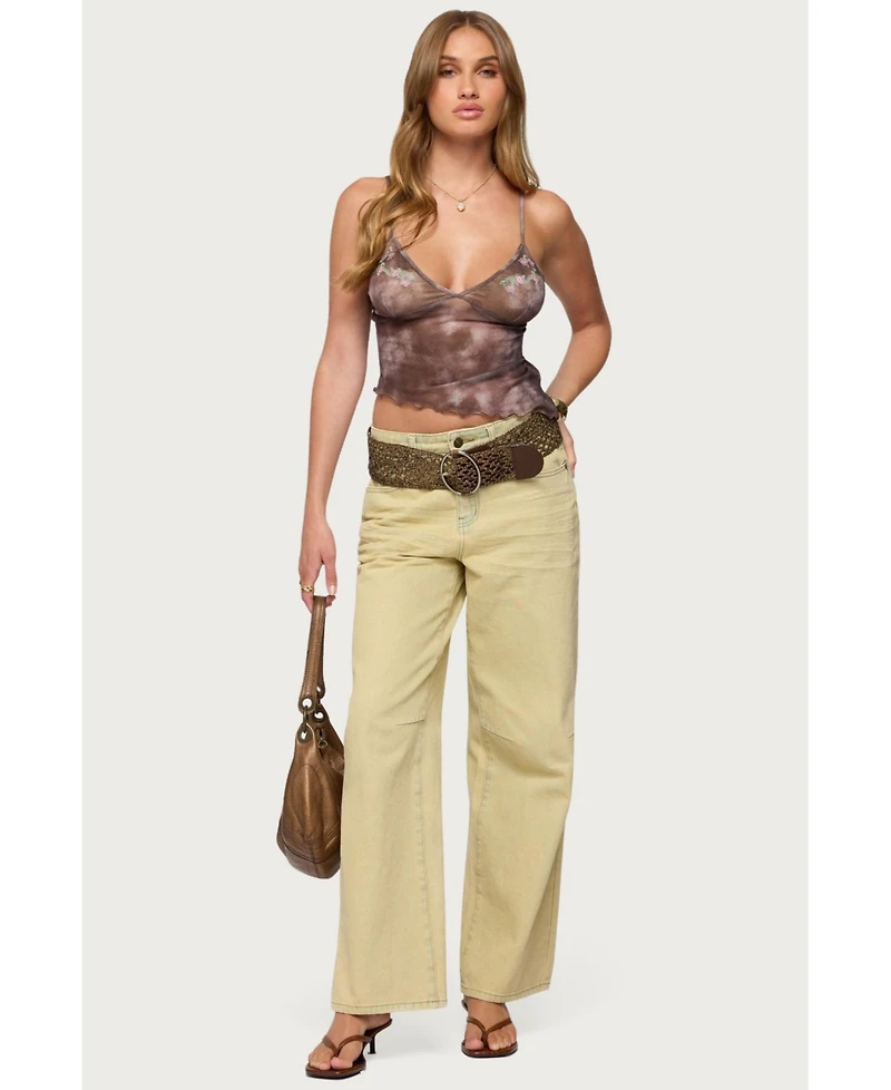 Edikted Womens Embroidered Asymmetric Printed Mesh Top