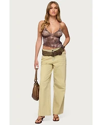 Edikted Womens Embroidered Asymmetric Printed Mesh Top