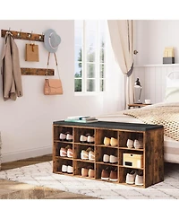 Shoe Storage Bench with Cushion, 39.4" L Entryway Bench with 12 Cubbies, Entryway Hall Tree with Storage, Shoe Cabinet with Coat Rack for Bedroom
