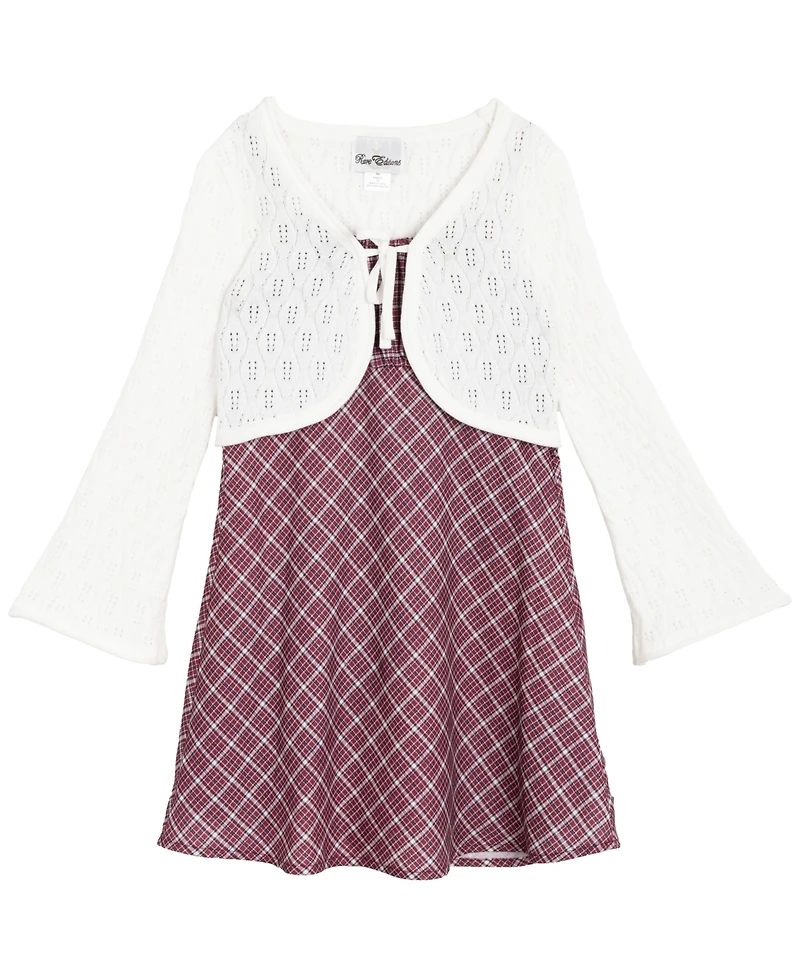 Rare Editions Big Girls 2-Piece Plaid Dress with Pointelle Tie Front Cardigan Set
