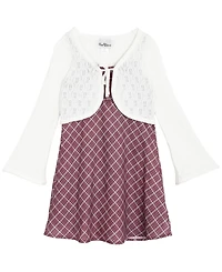 Rare Editions Big Girls 2-Piece Plaid Dress with Pointelle Tie Front Cardigan Set
