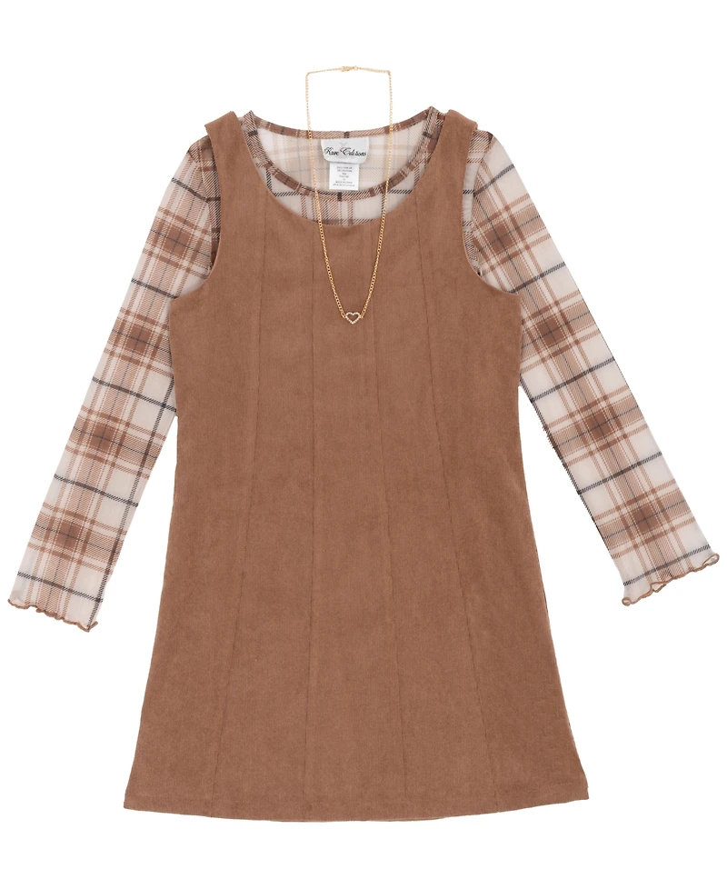 Rare Editions Big Girl 2-Piece Corduroy Dress over Plaid Mesh Top with Necklace Set