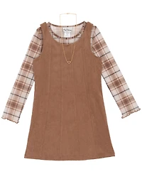 Rare Editions Big Girl 2-Piece Corduroy Dress over Plaid Mesh Top with Necklace Set